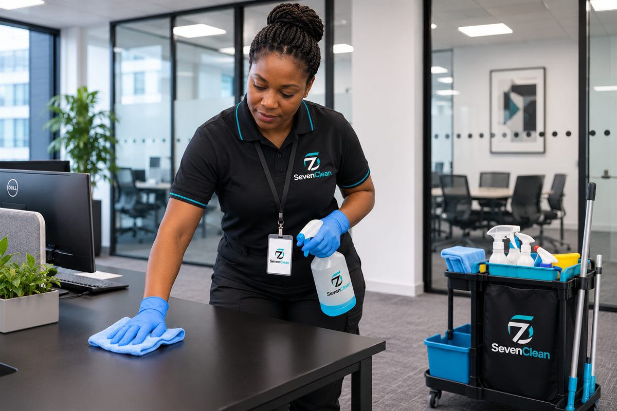 Seven Clean cleaner wiping a desk in a London office