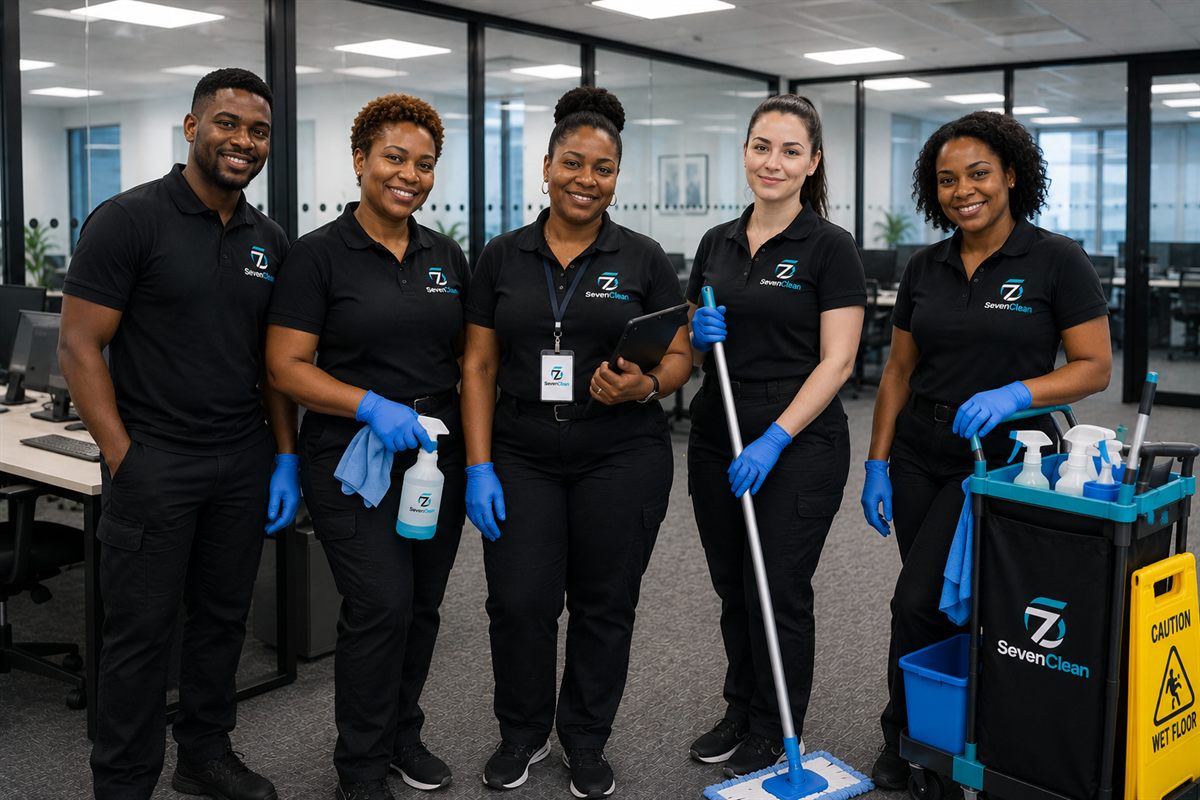 Uniformed Seven Clean cleaning team with equipment in a London office